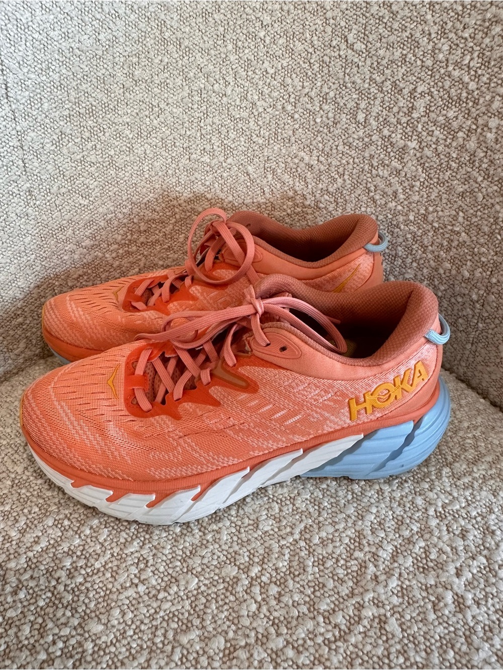 Hoka One One Coral Orange Athletic Running Shoes with Light Blue Accent